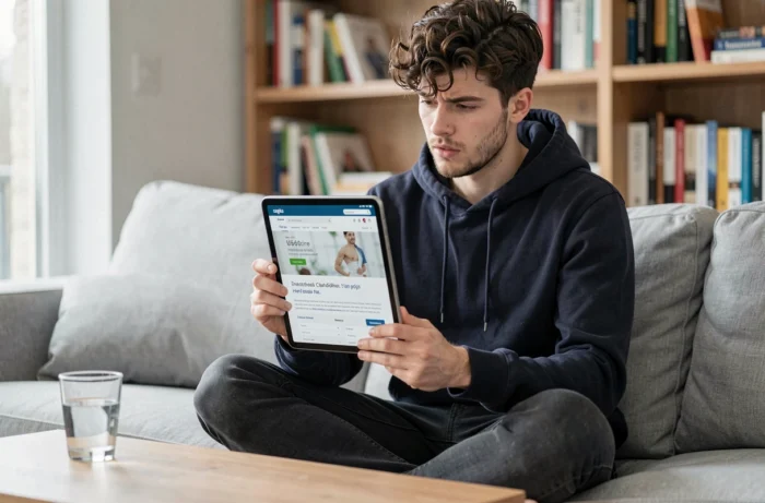 Jeune homme lisant de manière critique une information de santé sur une tablette dans son salon