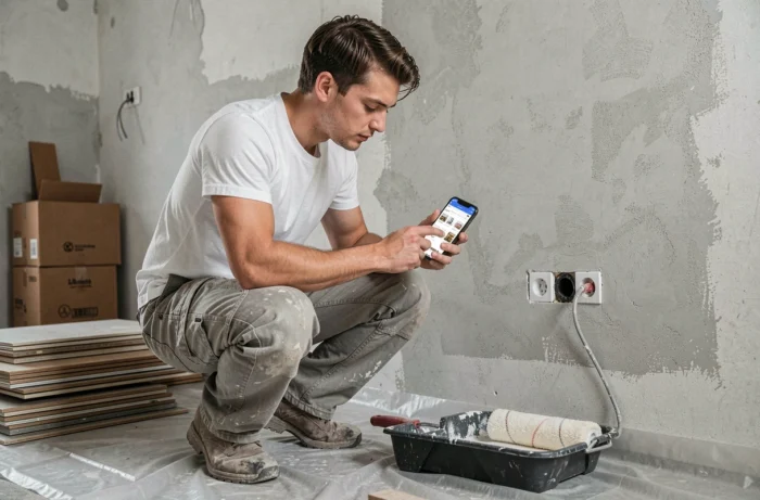 Un jeune homme en pleine rénovation consulte le plan d'un site de bricolage sur son smartphone dans un appartement en travaux