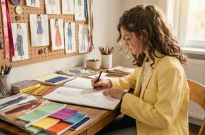 Jeune adolescente dessinant des croquis de mode dans un carnet de styliste entouré de tissus et de magazines
