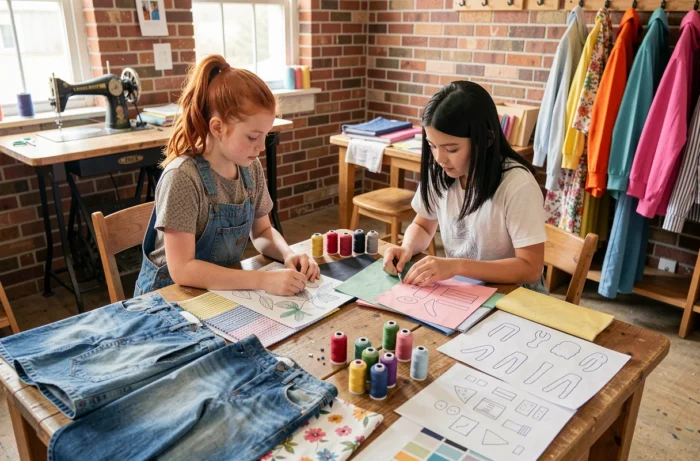 Deux jeunes adolescentes collaborant sur des patrons et des tissus dans un atelier de stylisme communautaire