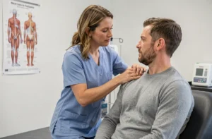 Kinésithérapeute réalisant une thérapie manuelle sur l'épaule d'un patient dans une clinique de rééducation moderne