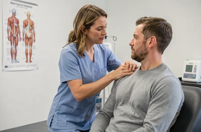 Kinésithérapeute réalisant une thérapie manuelle sur l'épaule d'un patient dans une clinique de rééducation moderne