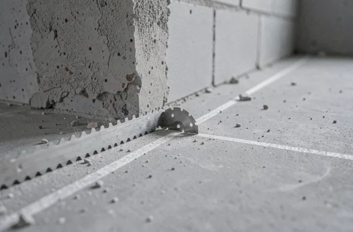 Gros plan sur une lame diamant de découpe positionnée sur une dalle béton marquée à la craie, à proximité immédiate du pied d'un mur