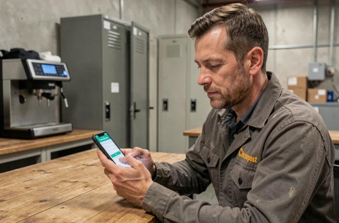 Livreur Chronopost consultant l'espace CSE sur son smartphone dans une salle de pause