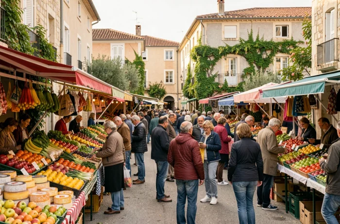 Marché de plein air animé dans le quartier Les Grisettes à Montpellier avec des habitants faisant leurs courses parmi des étals colorés