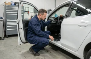 Mécanicien inspectant le tableau de bord d'une Peugeot 208 blanche dans un garage pour diagnostiquer le voyant clé à molette