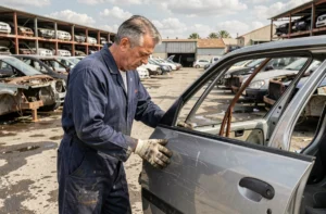 Mécanicien inspectant une portière de voiture d'occasion dans une casse automobile à Marseille