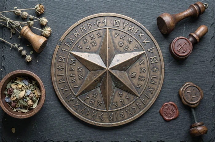 Médaillon en bronze antique gravé d'une étoile à sept branches avec des motifs runiques sur une surface en ardoise