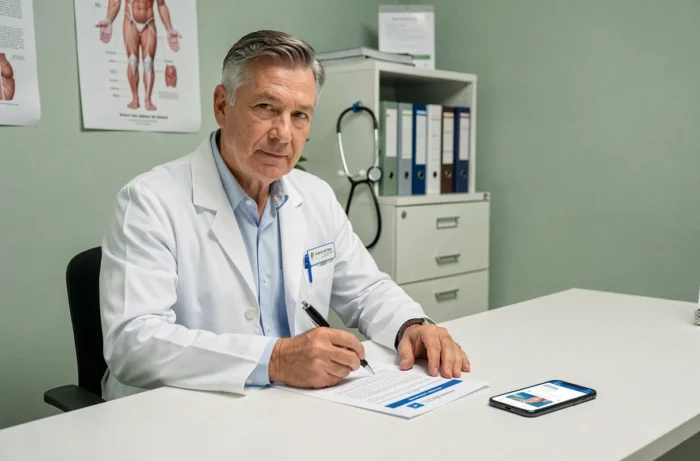 Médecin comparant une source médicale officielle à une information de santé trouvée sur smartphone en cabinet de consultation