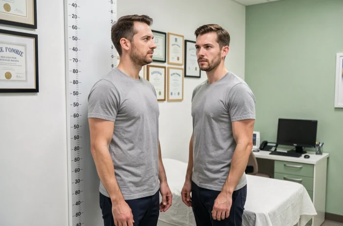 Homme français mesuré avec un stadiomètre dans un cabinet médical, illustrant la mesure de la taille moyenne masculine en France en 2025