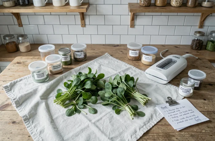 Bocaux et matériel pour conserver le pourpier tout l'hiver présentés sur une table en bois