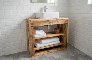 Meuble de salle de bain en palette de bois recyclé avec lavabo blanc posé dessus et étagères décoratives