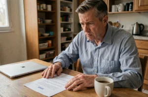 Homme lisant une lettre de mise à pied conservatoire à son domicile, visage préoccupé, documents posés sur une table en bois