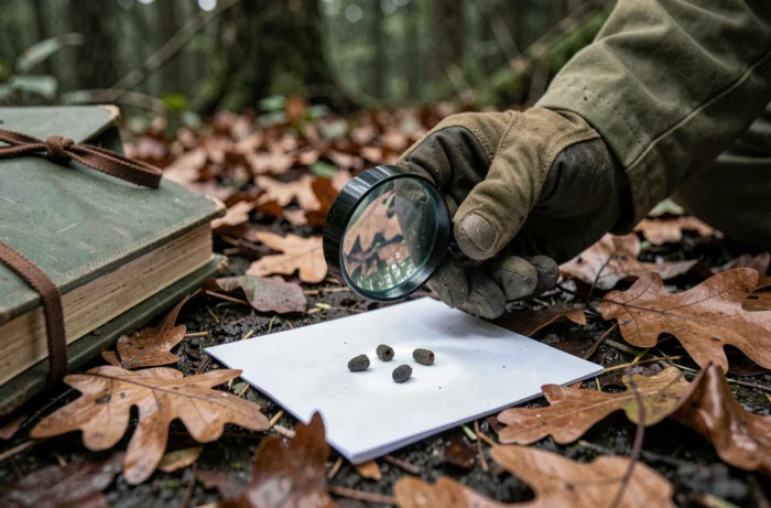Main de naturaliste avec loupe examinant des crottes de salamandre sur une fiche de terrain en forêt