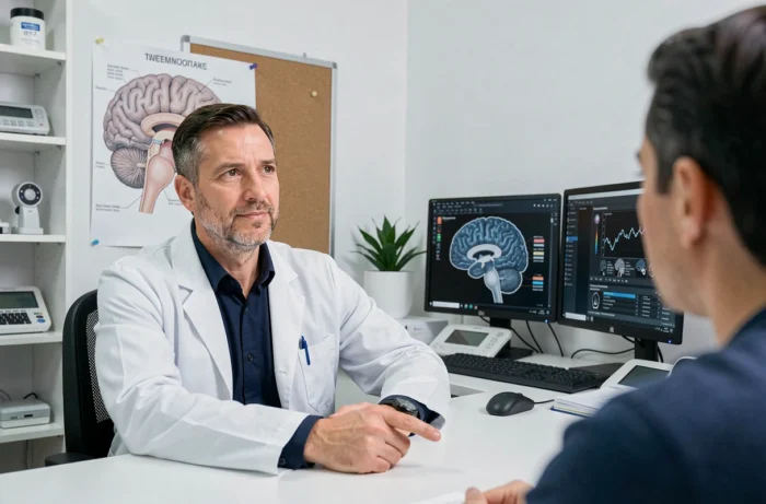Neurologue en consultation expliquant les causes neurologiques de la perte d'équilibre à l'aide d'un schéma anatomique du cerveau
