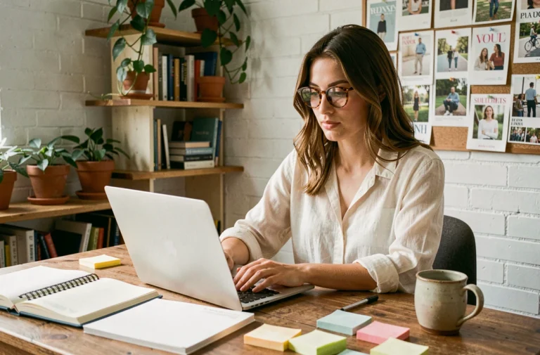 Jeune femme créative organisant le contenu de son blog à son bureau avec des carnets et un ordinateur portable