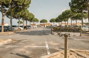 Parking gratuit à Arcachon avec panneau de stationnement et rangées de voitures sous les pins