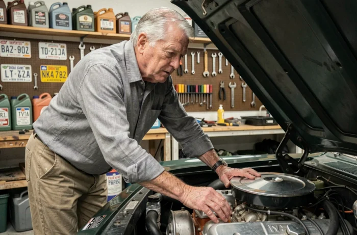 Passionné de voitures anciennes inspectant le moteur d'un muscle car américain vintage dans son garage privé rempli d'accessoires d'époque