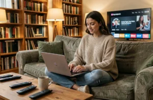 Femme passionnée de séries TV qui partage son avis sur un forum depuis son canapé avec un ordinateur portable