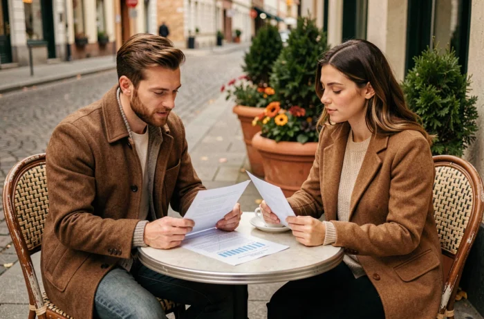 Couple discutant d'un plan financier ensemble en terrasse de café en ville