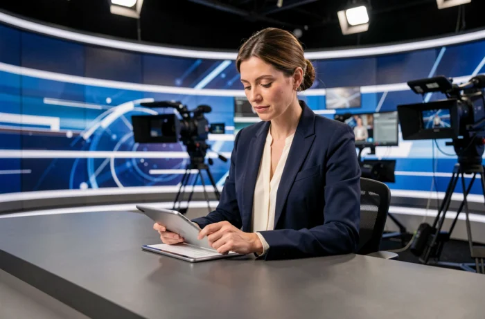Présentatrice de journal télévisé français assise au bureau d'un plateau de news moderne avec écrans LED en arrière-plan