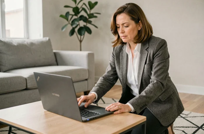 Femme examinant le bouton power clignotant d'un ordinateur portable Lenovo posé sur une table basse dans un salon moderne