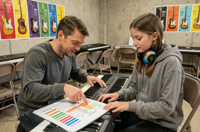 Music teacher explaining a decibel measurement chart to a young student wearing ear protection in a music classroom