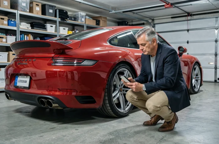 Propriétaire de Porsche 911 rouge comparant des offres d'assurance auto sur smartphone dans un garage privé