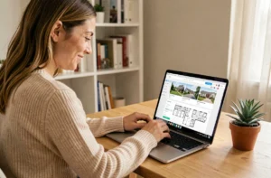 Femme utilisant un ordinateur portable pour rechercher un bien immobilier en ligne depuis son bureau à domicile