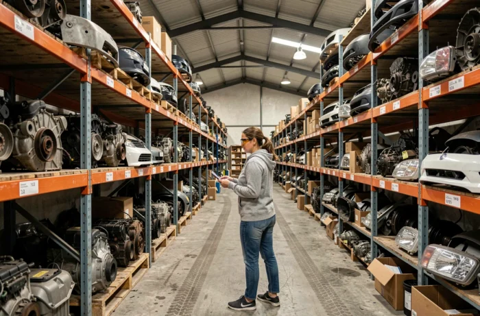 Femme cherchant des pièces automobiles d'occasion dans un entrepôt de casse auto Plan de Campagne