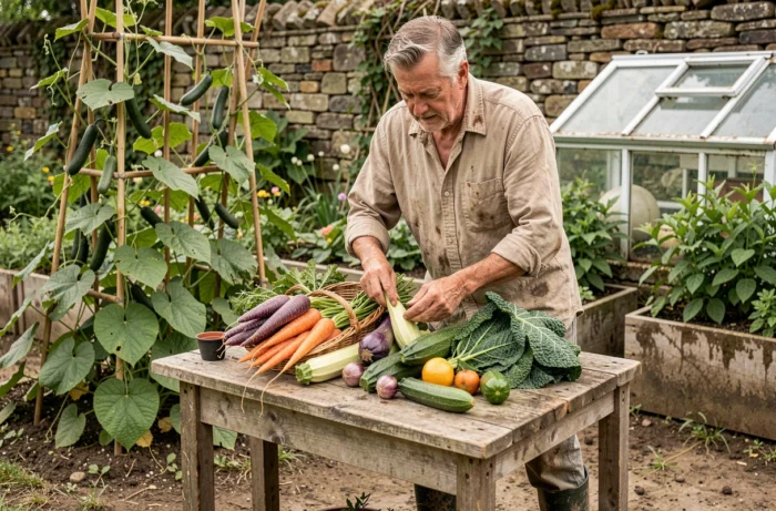 Homme récoltant des légumes biologiques colorés dans un panier en osier au potager en plein été