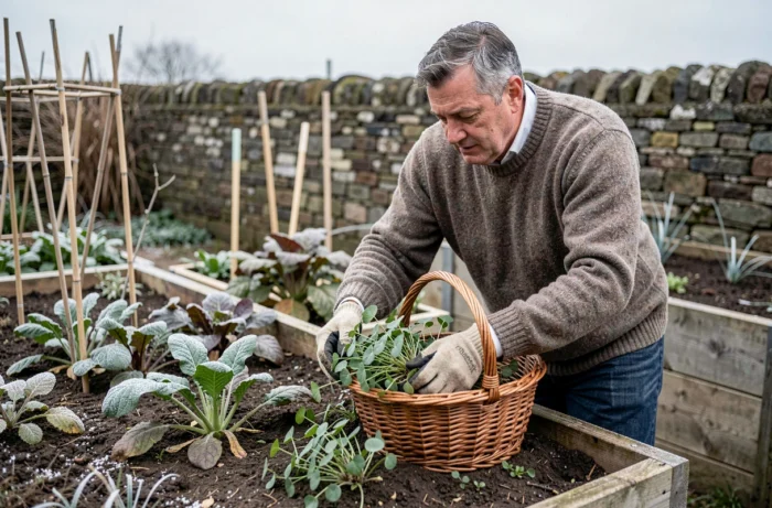 Homme récoltant du pourpier au jardin en hiver avant conservation pour la saison froide