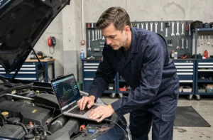 Technicien automobile connectant un outil de reprogrammation moteur sur une voiture dans un garage professionnel