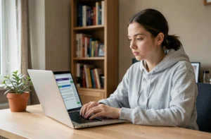 Jeune femme révisant le code de la route sur son ordinateur portable à son bureau à domicile