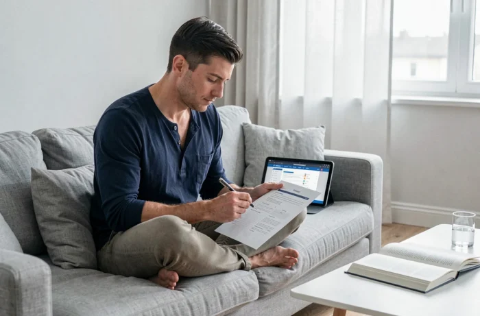 Homme annotant un plan de rubriques pour son blog créatif dans un salon minimaliste scandinave
