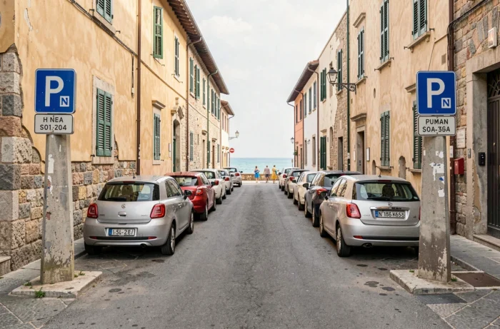 Rue étroite à Pise avec voitures garées gratuitement et vue sur la mer au bout de la route