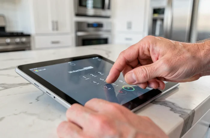 Gros plan de mains entrant un code PIN confidentiel sur une tablette Microsoft Surface dans une cuisine moderne