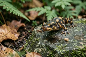 Salamandre tachetée sur un rocher moussu avec une crotte visible, illustration de la biodiversité forestière
