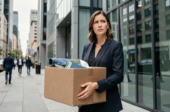 Femme quittant son entreprise avec ses affaires personnelles suite à une suspension disciplinaire, devant un immeuble de bureaux