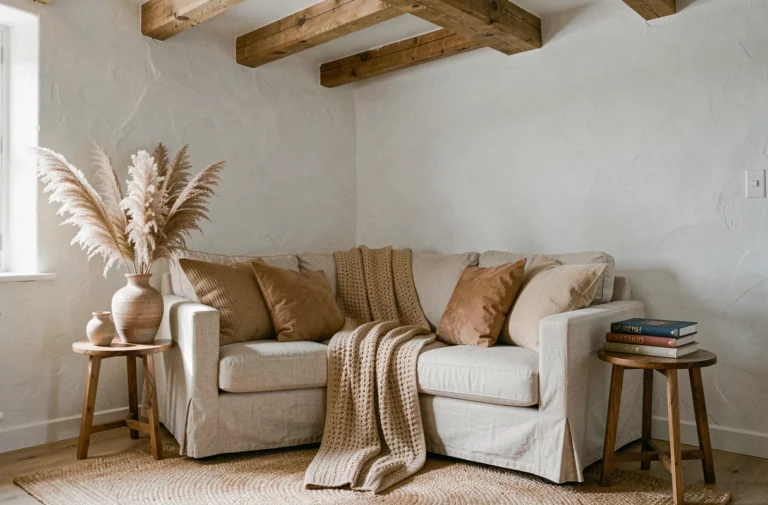 Salon chaleureux décoré en tons terre avec canapé en lin et accessoires naturels dans un intérieur scandinave