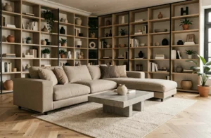 Salon moderne de style scandinave avec canapé en lin, table basse en béton et parquet en chêne clair en arête de poisson