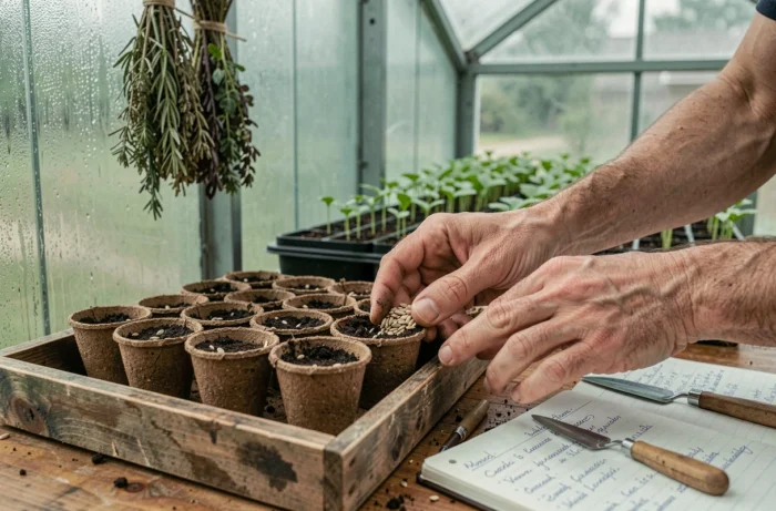 Mains semant des graines dans des godets en tourbe à l'intérieur d'une serre de potager bio organisée