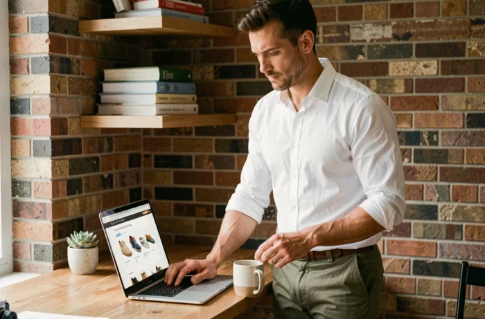 Homme en tenue décontractée chic faisant du shopping de chaussures tendance en ligne sur son ordinateur portable dans un bureau à domicile urbain