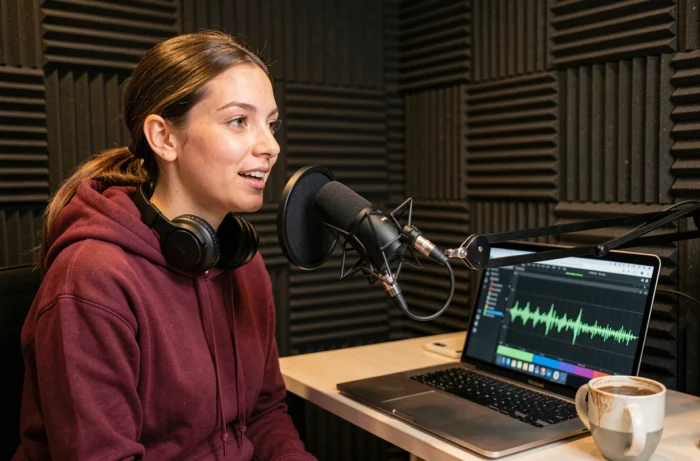 Jeune femme enregistrant un podcast dans un studio acoustique feutré représentant les nouveaux médias numériques en France