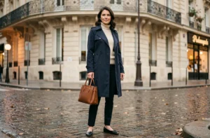 Femme élégante en trench-coat marine dans une rue pavée parisienne, incarnant le style français intemporel