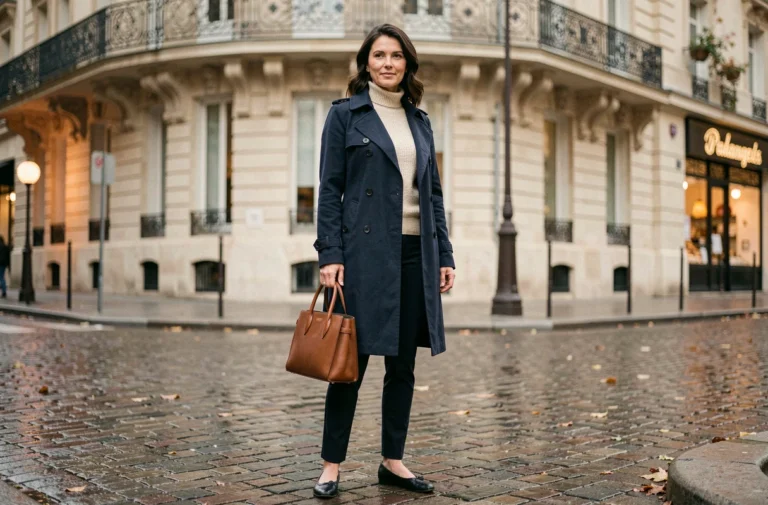 Femme élégante en trench-coat marine dans une rue pavée parisienne, incarnant le style français intemporel