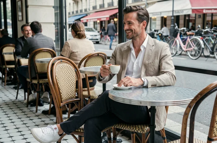 Homme en blazer lin beige sirotant un espresso en terrasse de café parisien, style masculin français décontracté et raffiné