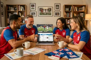 Groupe de supporters de l'Olympique Lyonnais réunis autour d'un forum en ligne sur ordinateur portable