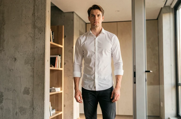Homme français de grande taille debout près d'un encadrement de porte dans un appartement moderne, illustrant la taille moyenne des hommes en France en 2025