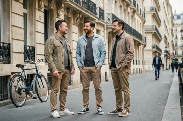 Groupe de trois hommes français de différentes tailles sur un trottoir parisien, représentant la diversité de la stature masculine en France